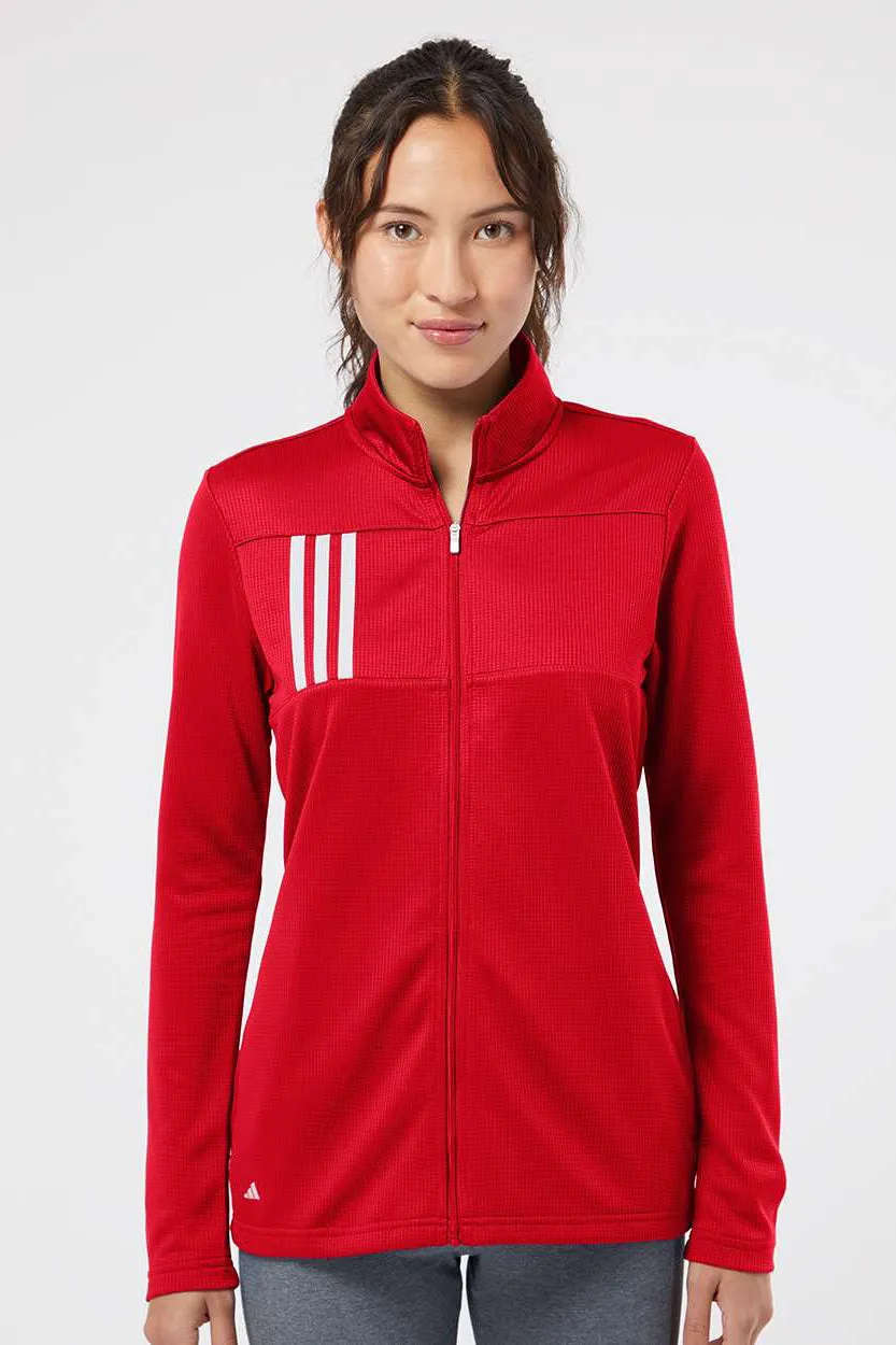 Adidas Womens 3 Stripes Double Knit Moisture Wicking 1/4 Zip Sweatshirt w/ Pockets - Team Collegiate Red/Grey