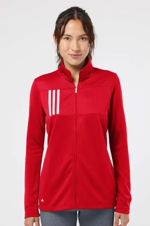 Adidas Womens 3 Stripes Double Knit Moisture Wicking 1/4 Zip Sweatshirt w/ Pockets - Team Collegiate Red/Grey
