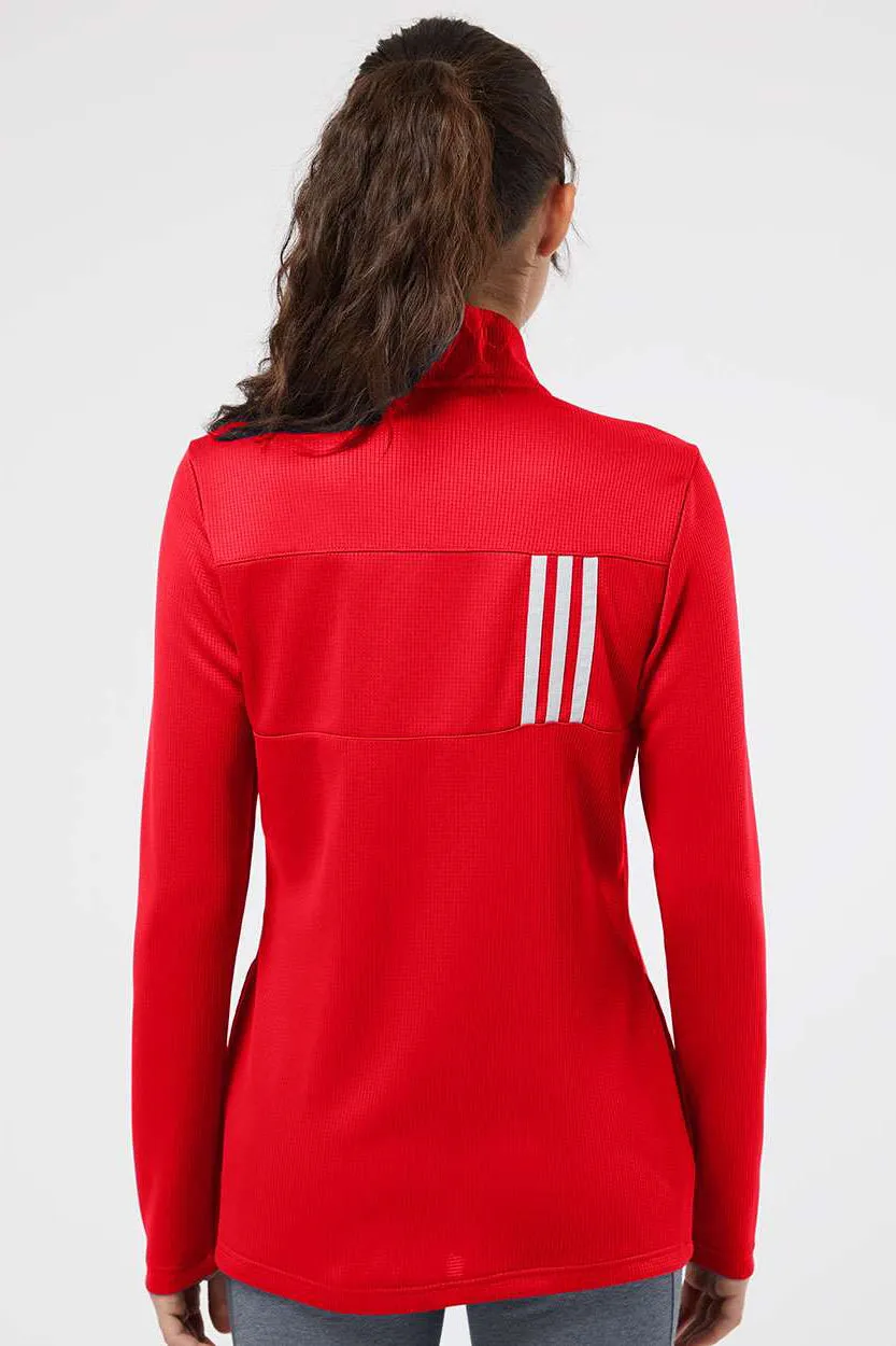Adidas Womens 3 Stripes Double Knit Moisture Wicking 1/4 Zip Sweatshirt w/ Pockets - Team Collegiate Red/Grey