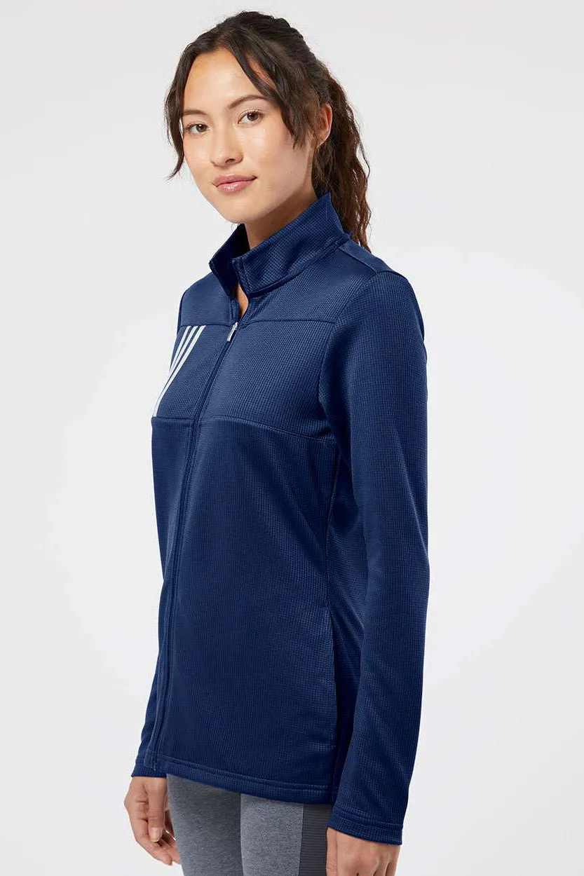 Adidas Womens 3 Stripes Double Knit Moisture Wicking 1/4 Zip Sweatshirt w/ Pockets - Team Navy Blue/Grey