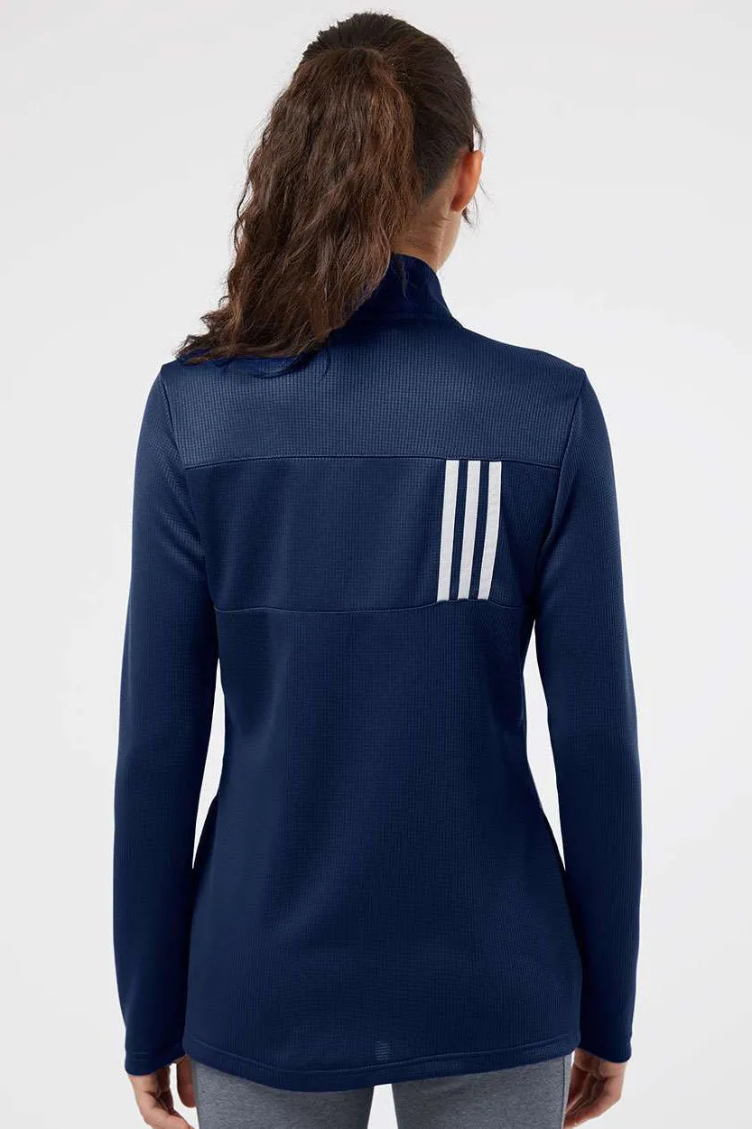 Adidas Womens 3 Stripes Double Knit Moisture Wicking 1/4 Zip Sweatshirt w/ Pockets - Team Navy Blue/Grey