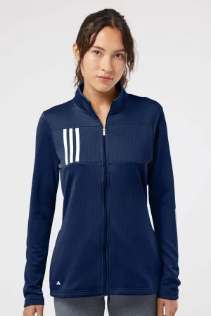 Adidas Womens 3 Stripes Double Knit Moisture Wicking 1/4 Zip Sweatshirt w/ Pockets - Team Navy Blue/Grey