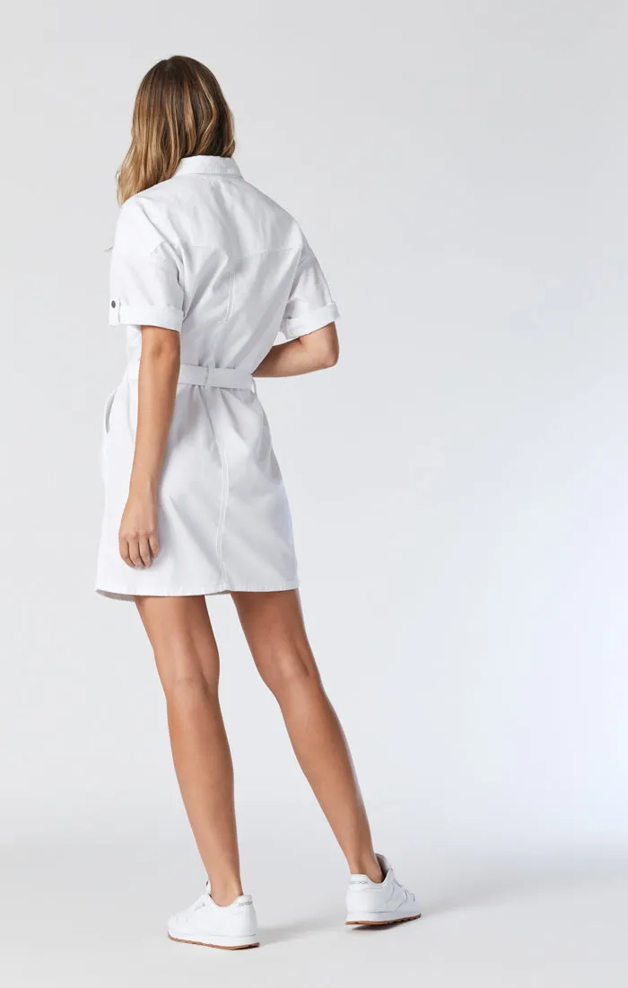 AVERY DENIM SHIRT DRESS IN WHITE DENIM