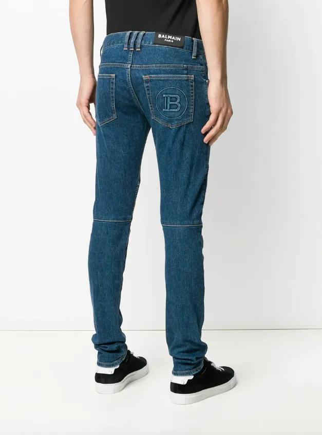 Balmain mid wash embossed slim biker pocket jeans