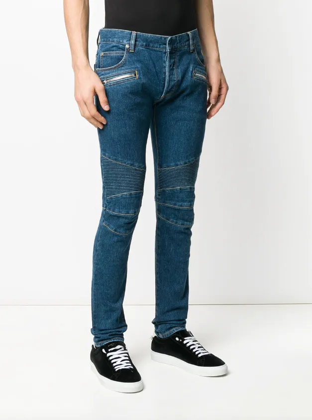 Balmain mid wash embossed slim biker pocket jeans