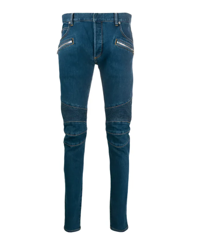 Balmain mid wash embossed slim biker pocket jeans