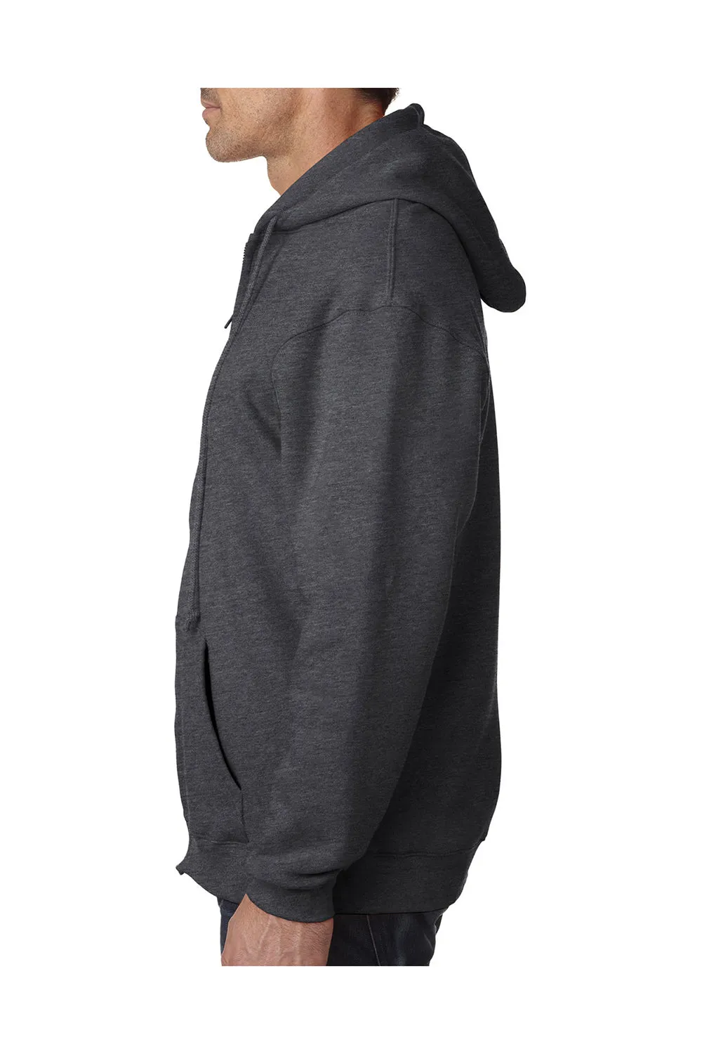 Bayside Mens USA Made Full Zip Hooded Sweatshirt Hoodie w/ Pockets - Heather Charcoal Grey