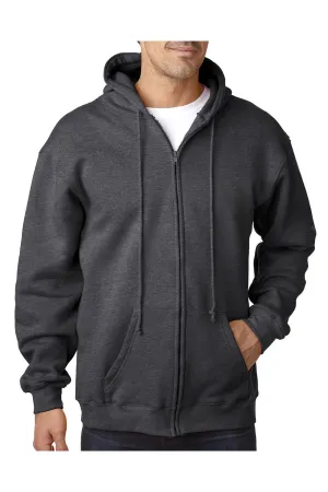 Bayside Mens USA Made Full Zip Hooded Sweatshirt Hoodie w/ Pockets - Heather Charcoal Grey