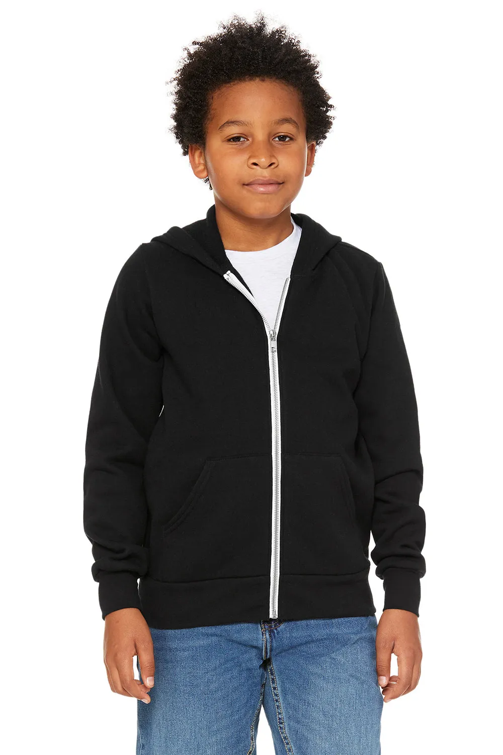 Bella   Canvas Youth Sponge Fleece Full Zip Hooded Sweatshirt Hoodie w/ Pockets - Black