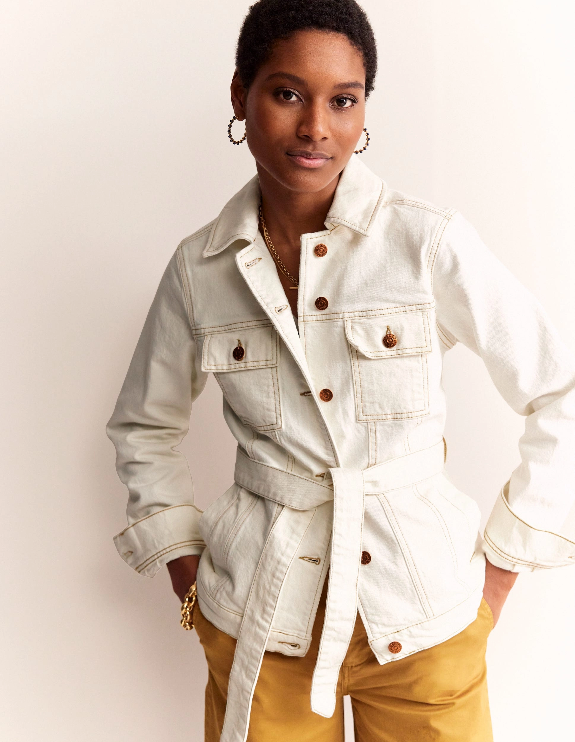 Belted Denim Jacket-Ecru