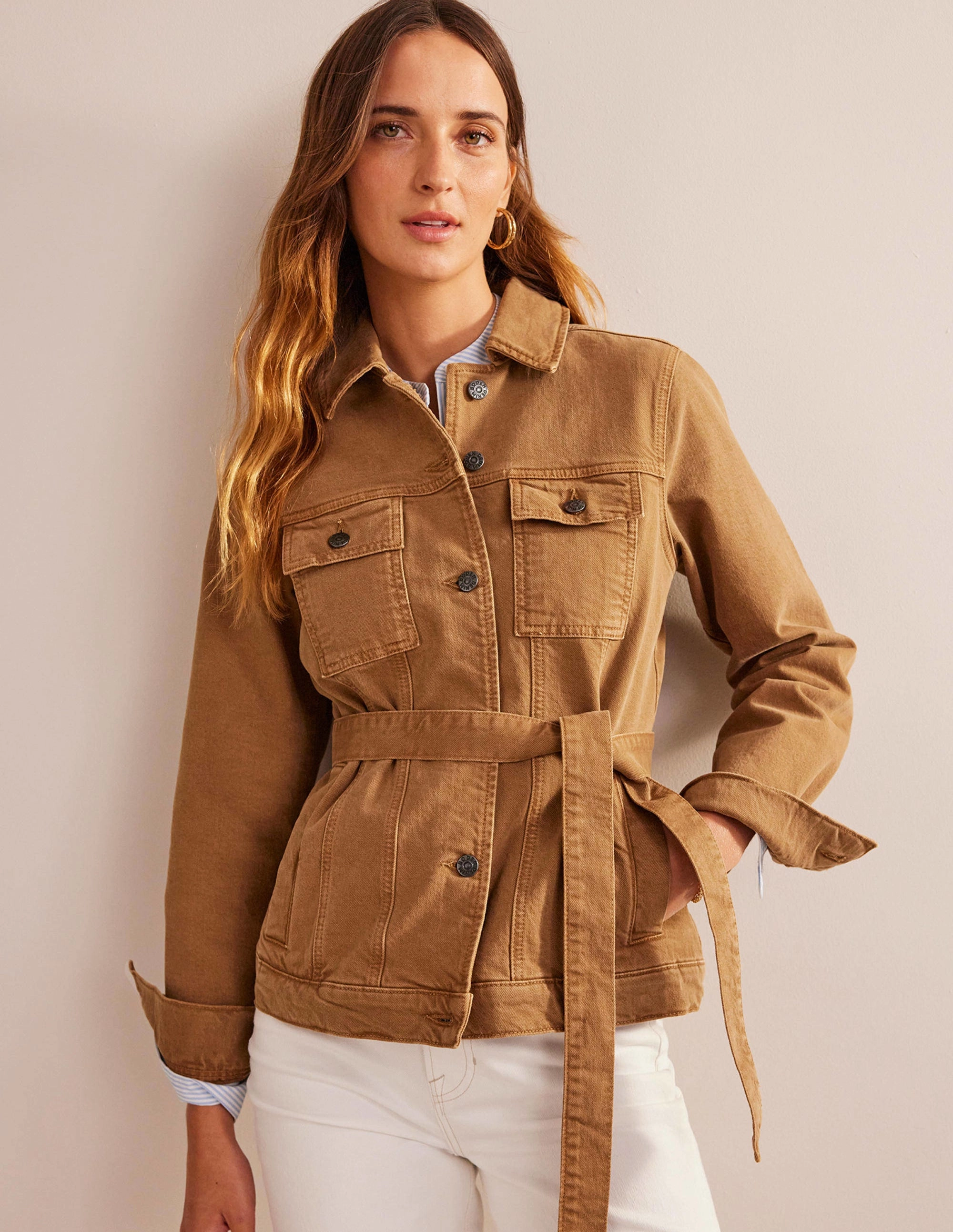 Belted Denim Jacket-Raw Umber
