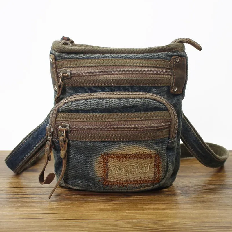 Blue Denim Mens Casual Small Vertical Messenger Bag Jean Belt Bag Belt Pouch For Men