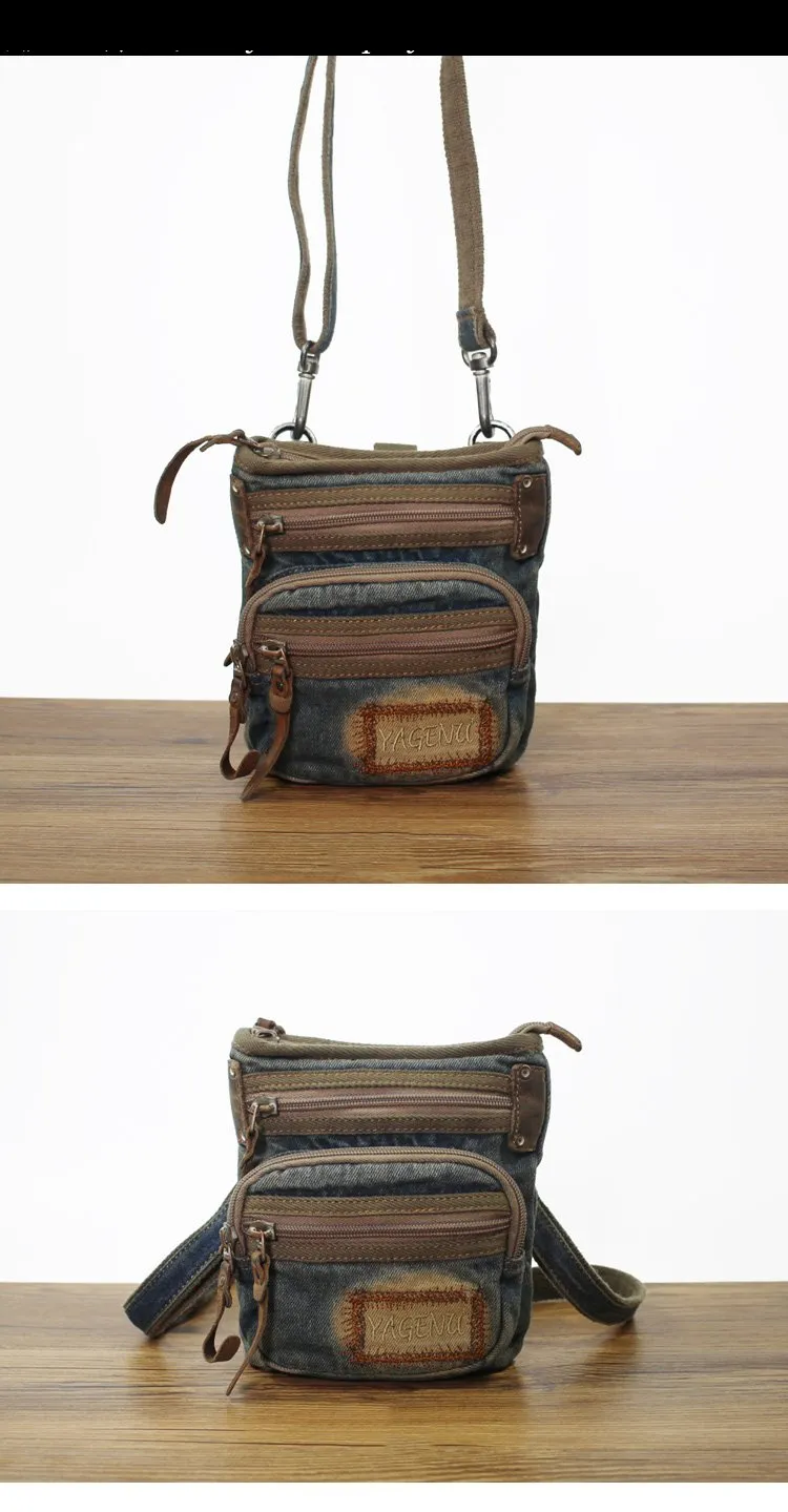 Blue Denim Mens Casual Small Vertical Messenger Bag Jean Belt Bag Belt Pouch For Men