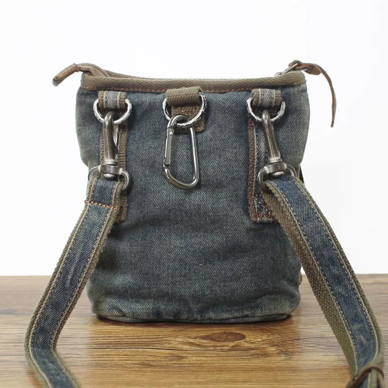Blue Denim Mens Casual Small Vertical Messenger Bag Jean Belt Bag Belt Pouch For Men