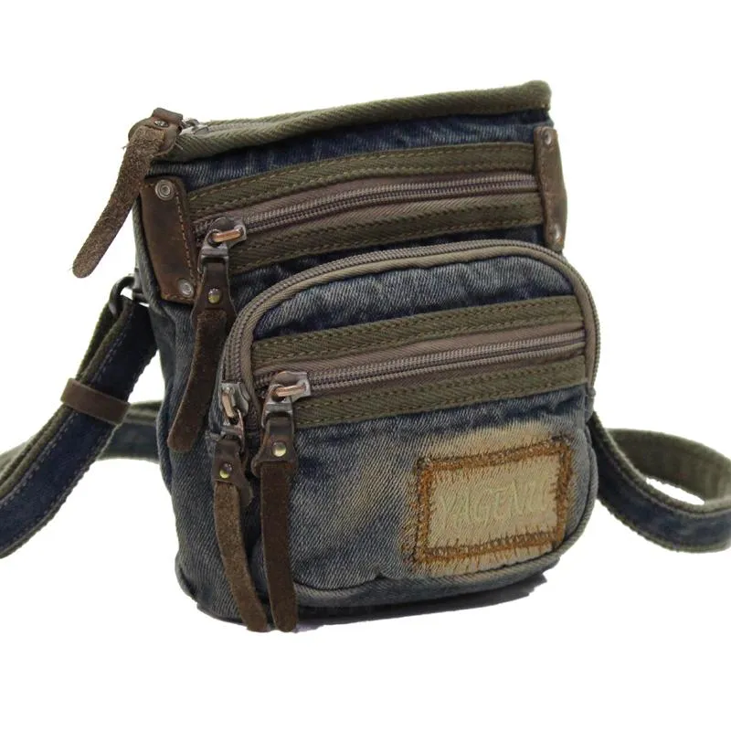 Blue Denim Mens Casual Small Vertical Messenger Bag Jean Belt Bag Belt Pouch For Men
