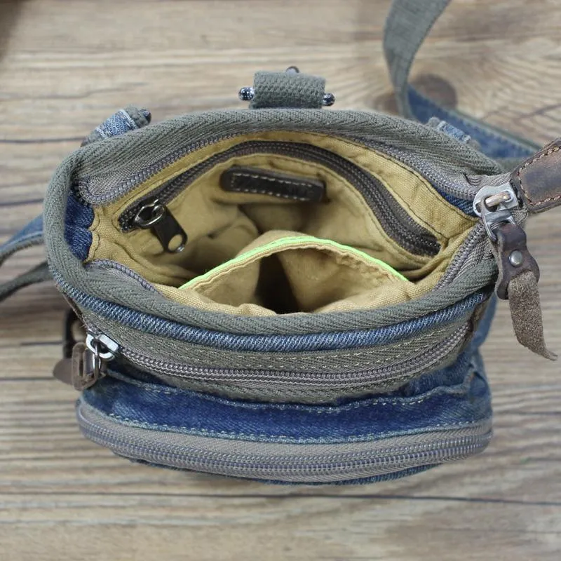 Blue Denim Mens Casual Small Vertical Messenger Bag Jean Belt Bag Belt Pouch For Men