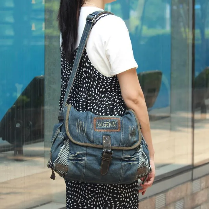 Blue Denim Mens Fashion Messenger Bags Large Jean Blue Shoulder Bag Postman Bags Courier Bag For Men