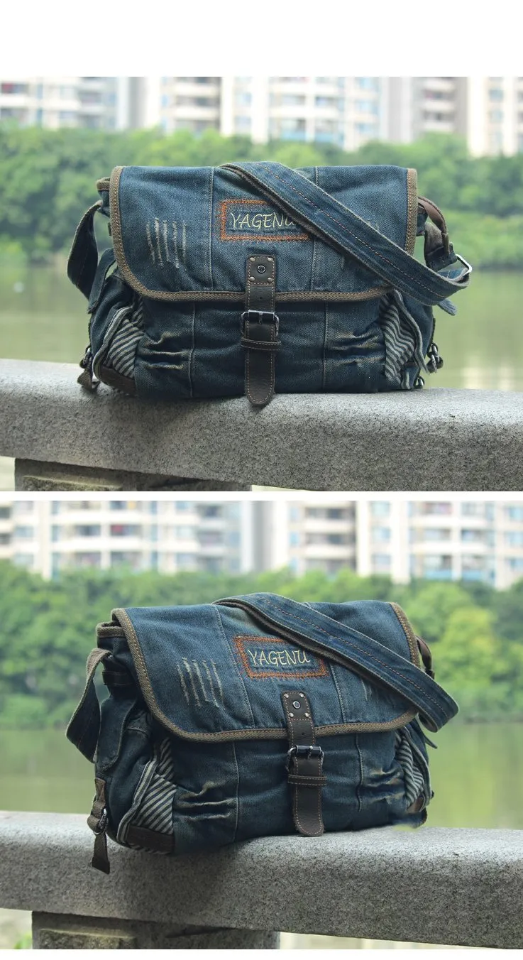 Blue Denim Mens Fashion Messenger Bags Large Jean Blue Shoulder Bag Postman Bags Courier Bag For Men