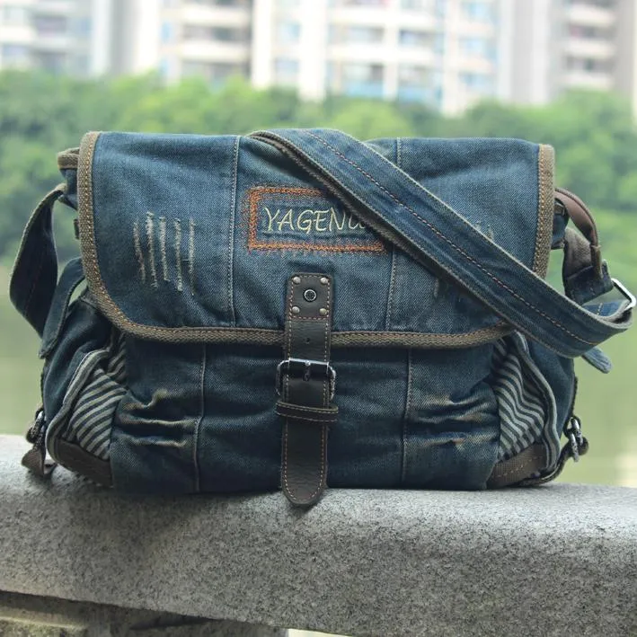 Blue Denim Mens Fashion Messenger Bags Large Jean Blue Shoulder Bag Postman Bags Courier Bag For Men