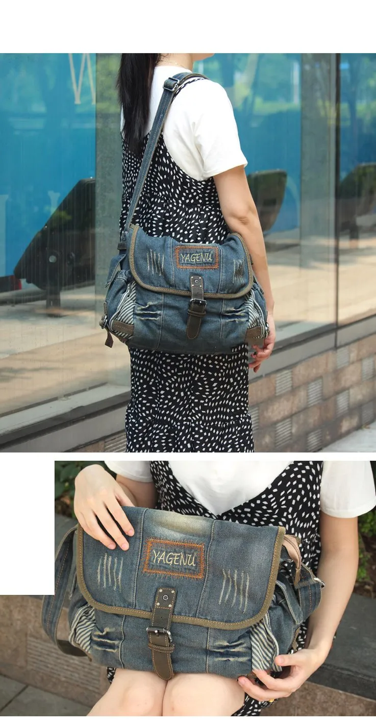 Blue Denim Mens Fashion Messenger Bags Large Jean Blue Shoulder Bag Postman Bags Courier Bag For Men