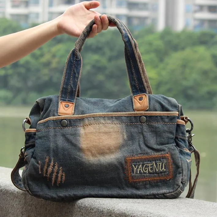 Blue Denim Mens Womens Casual Large Handbag Messenger Bags Jean Handbags Shoulder Bag For Men