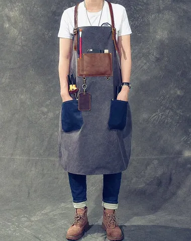 Canvas Leather Mens Womens Blue Craftsman Apron Cafe Staff Apron Work Apron for Men