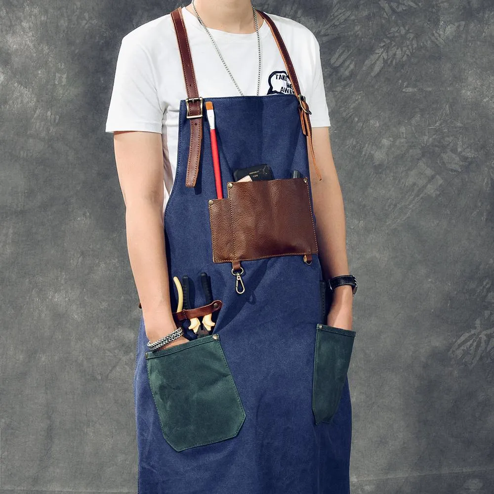 Canvas Leather Mens Womens Blue Craftsman Apron Cafe Staff Apron Work Apron for Men