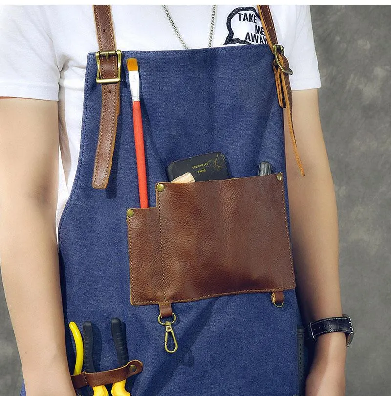 Canvas Leather Mens Womens Blue Craftsman Apron Cafe Staff Apron Work Apron for Men