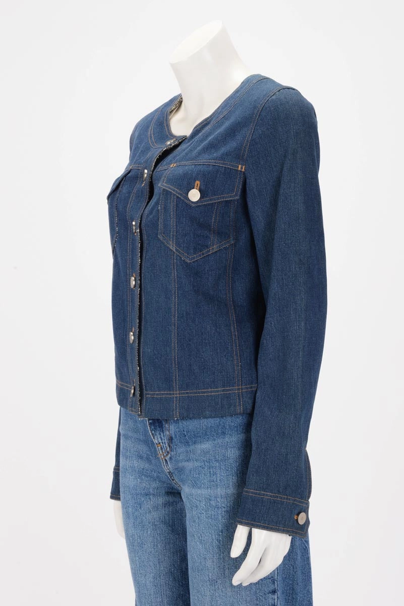 Chanel Blue Denim Collarless Jacket FR 36