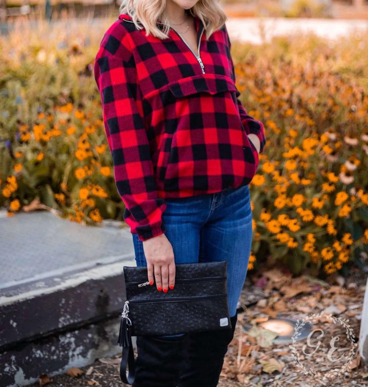 Checker Me Out Pullover With Pockets In Red Plaid