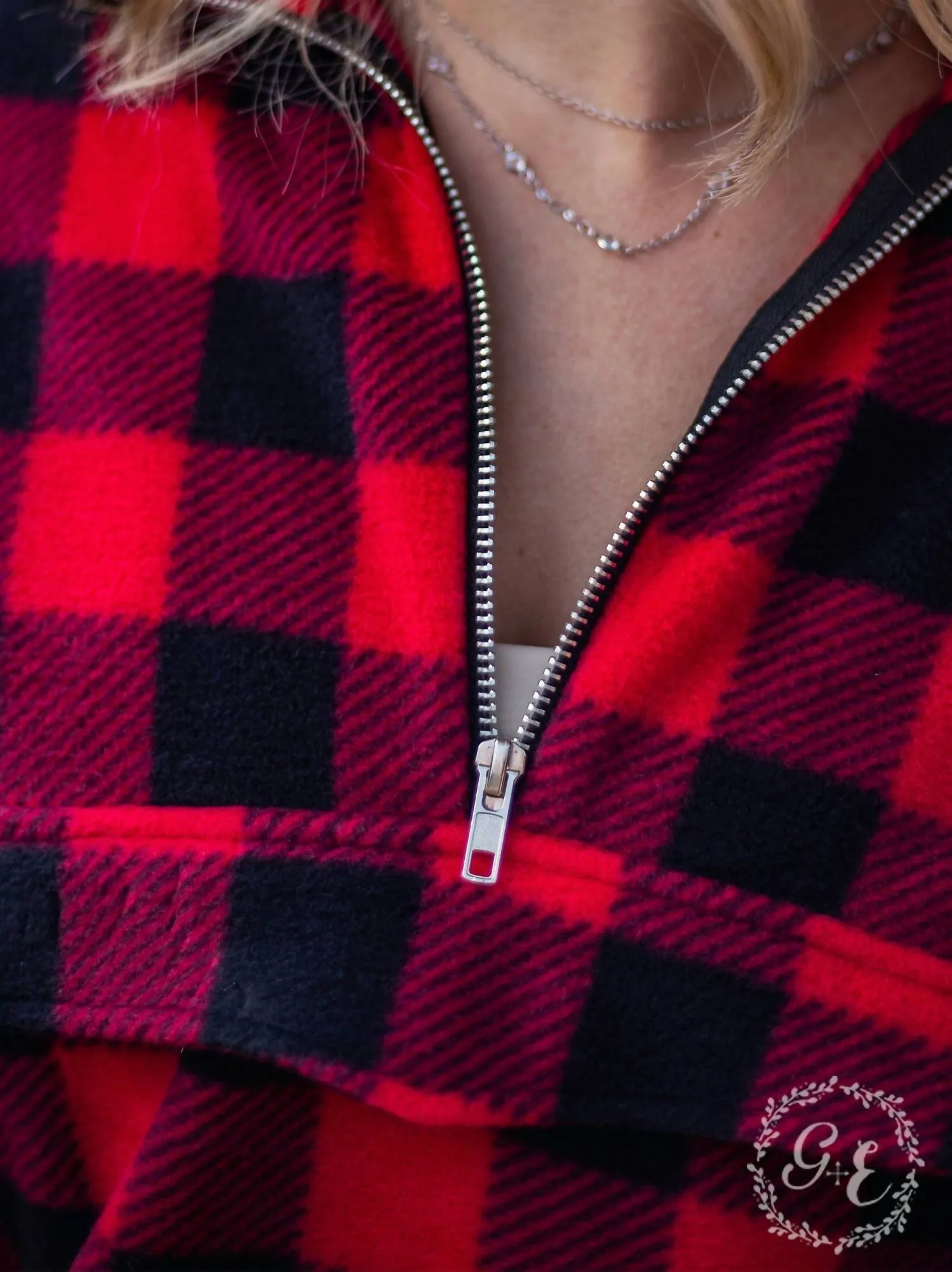 Checker Me Out Pullover With Pockets In Red Plaid