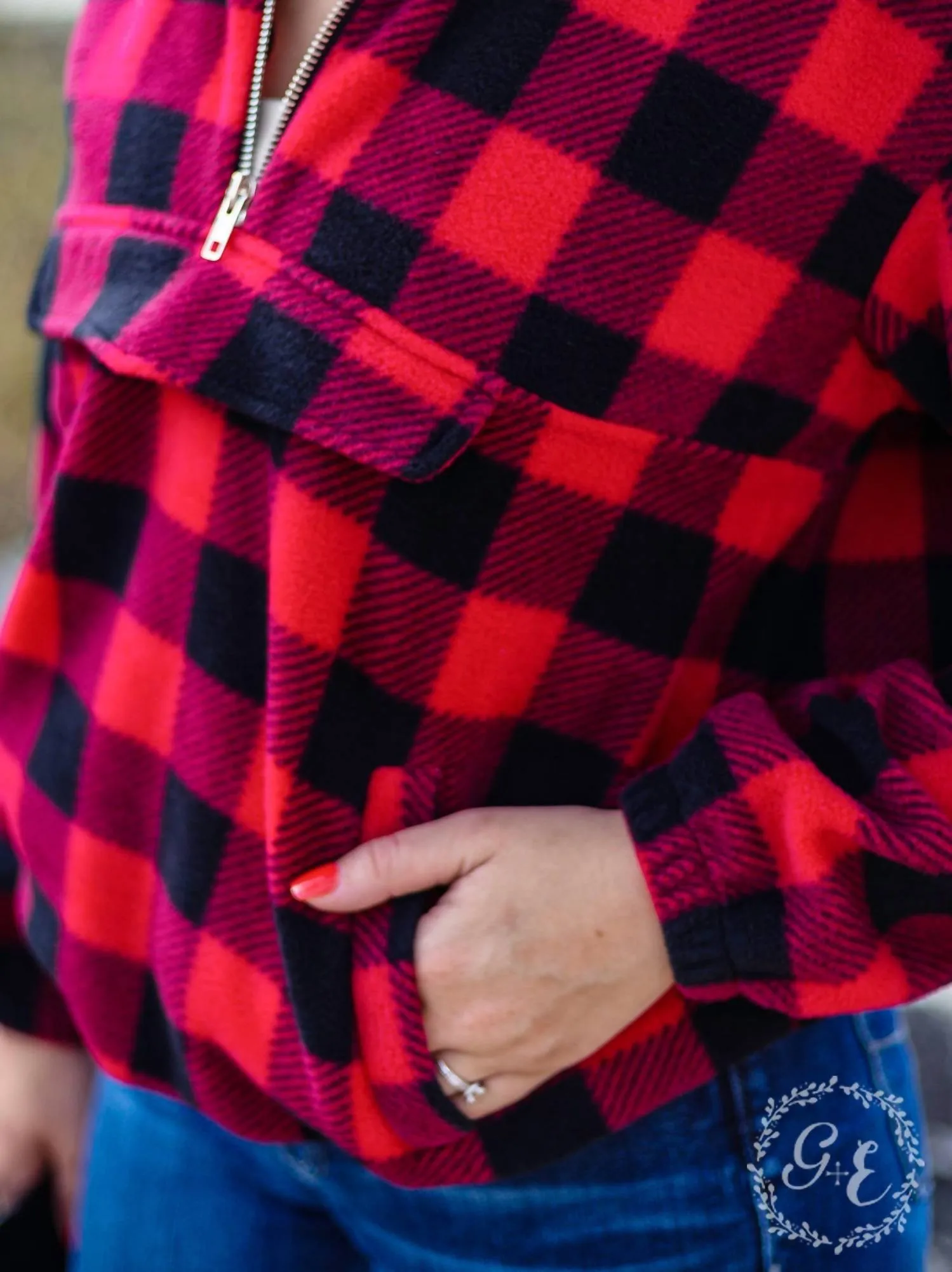 Checker Me Out Pullover With Pockets In Red Plaid