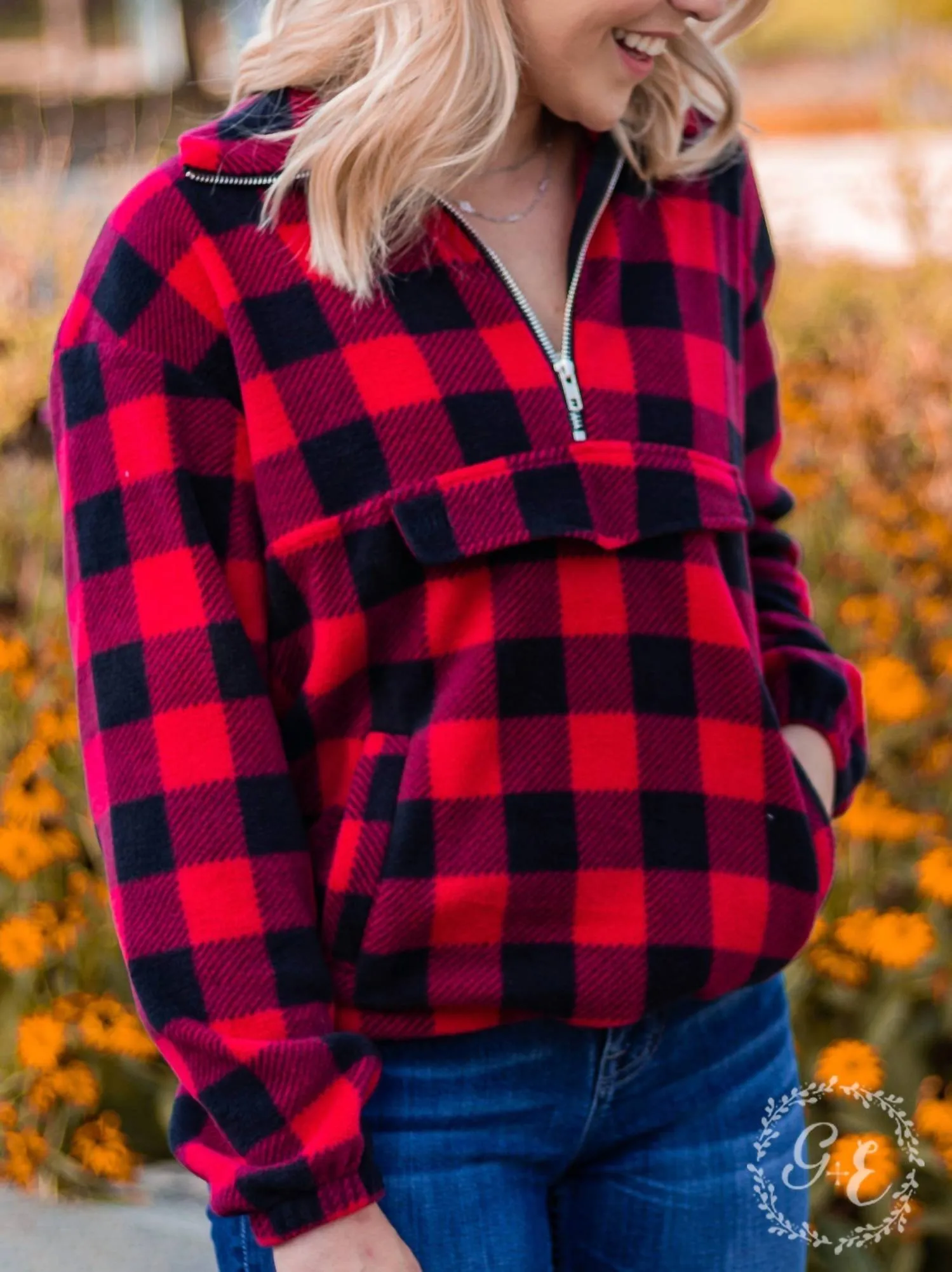 Checker Me Out Pullover With Pockets In Red Plaid