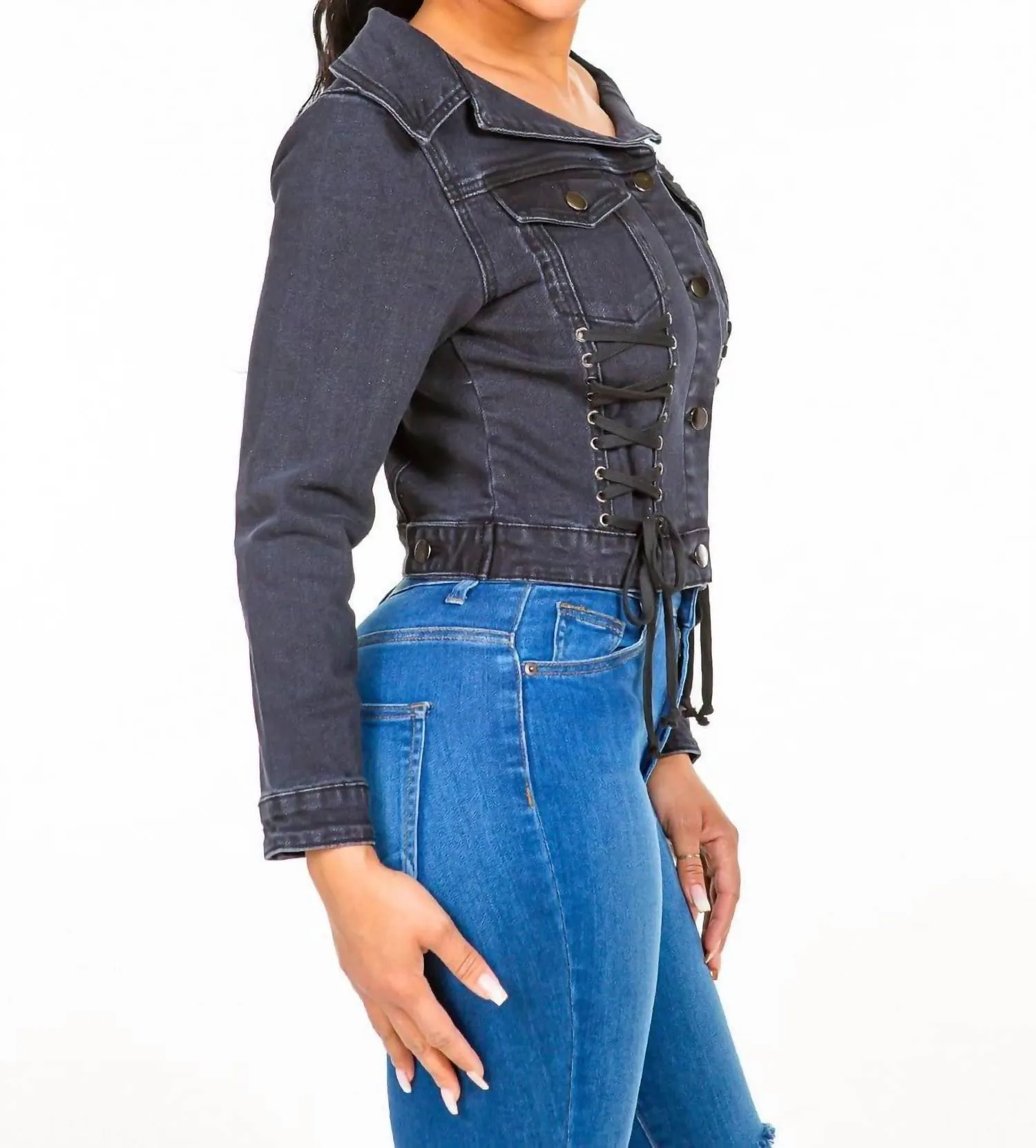 Chic Off Shoulder Lace Up Denim Jacket In Black
