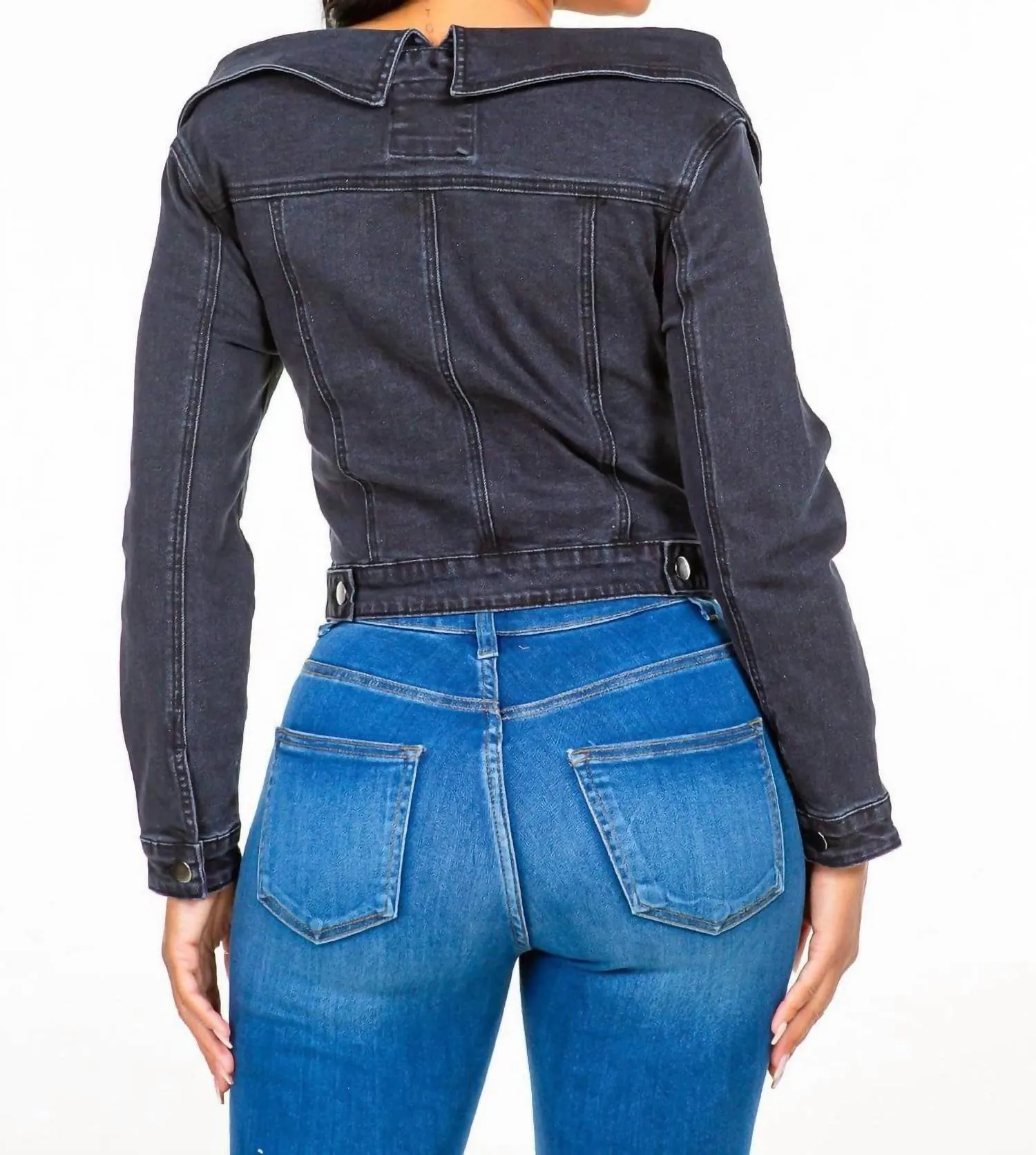 Chic Off Shoulder Lace Up Denim Jacket In Black