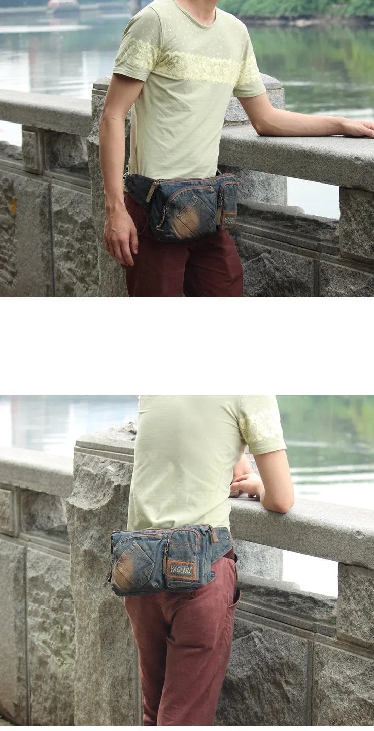 Cool Denim Blue Mens Small Fanny Pack Waist Bag Blue Chest Bag Hip Bag Bum Bags For Men