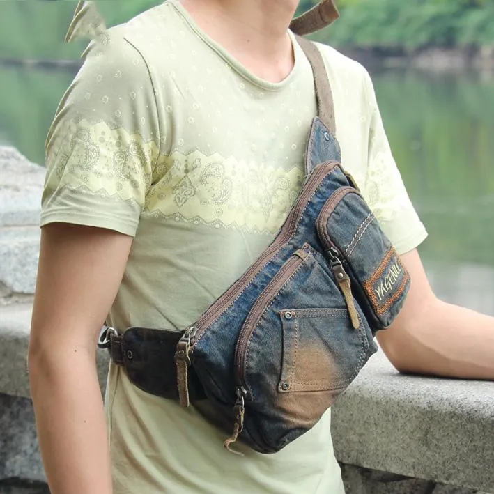 Cool Denim Blue Mens Small Fanny Pack Waist Bag Blue Chest Bag Hip Bag Bum Bags For Men