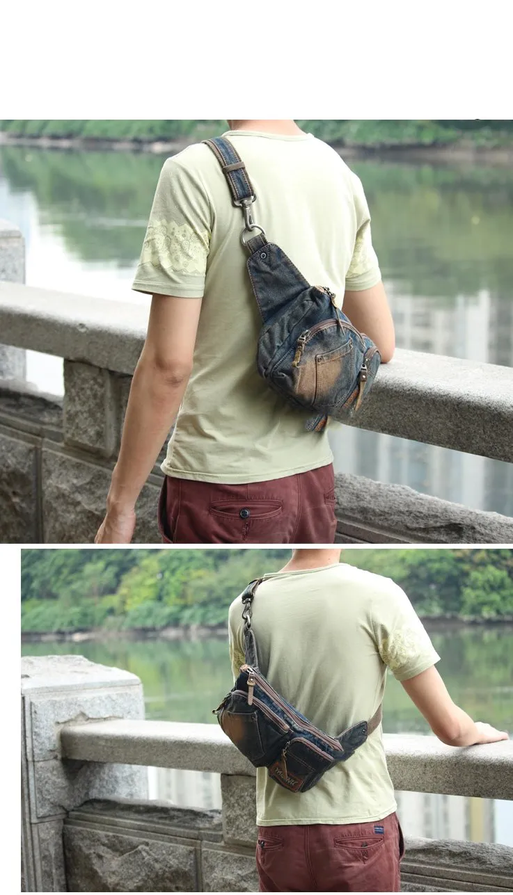 Cool Denim Blue Mens Small Fanny Pack Waist Bag Blue Chest Bag Hip Bag Bum Bags For Men