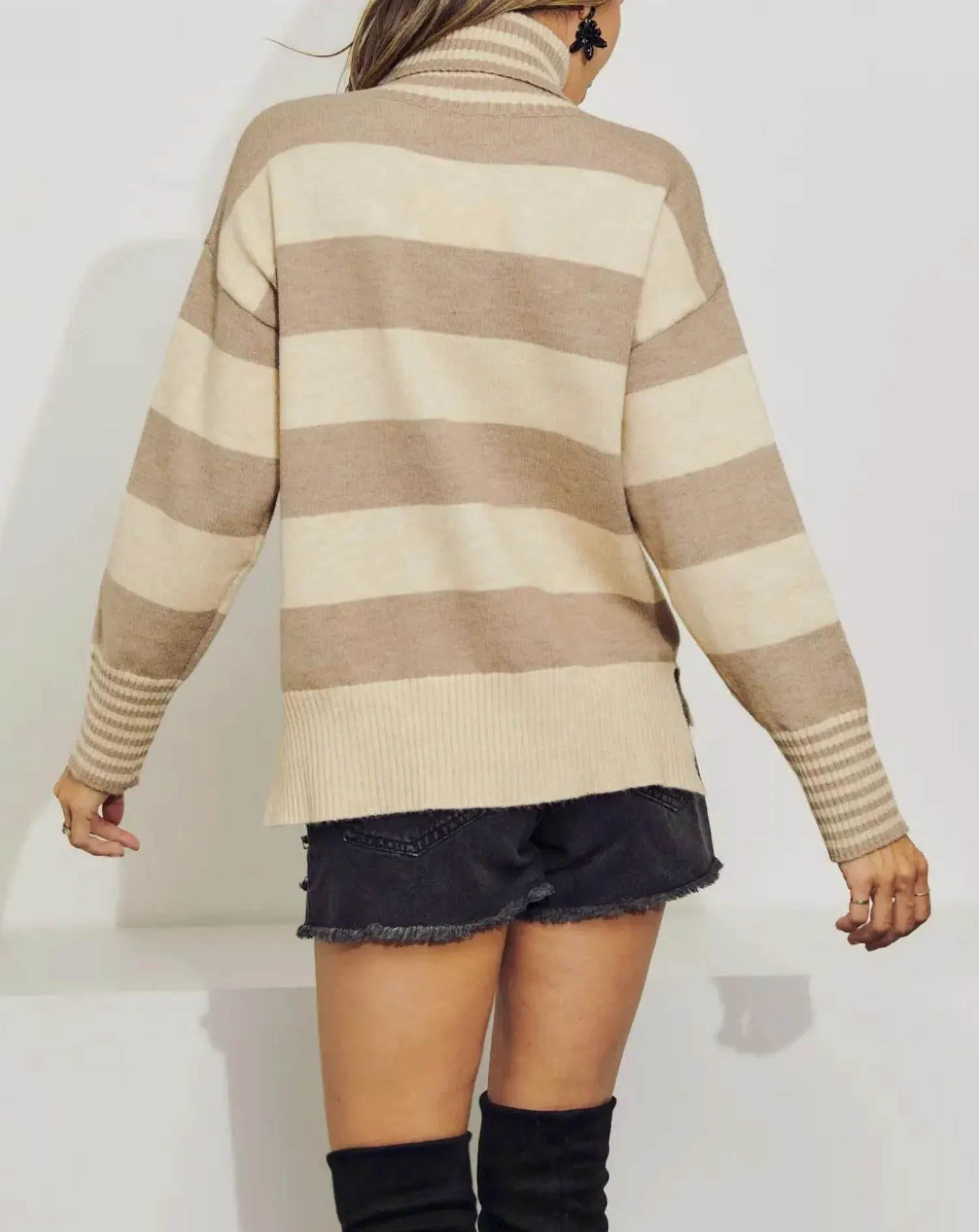 Cotton-Blend Multi-Stripe Turtleneck Sweater In Taupe