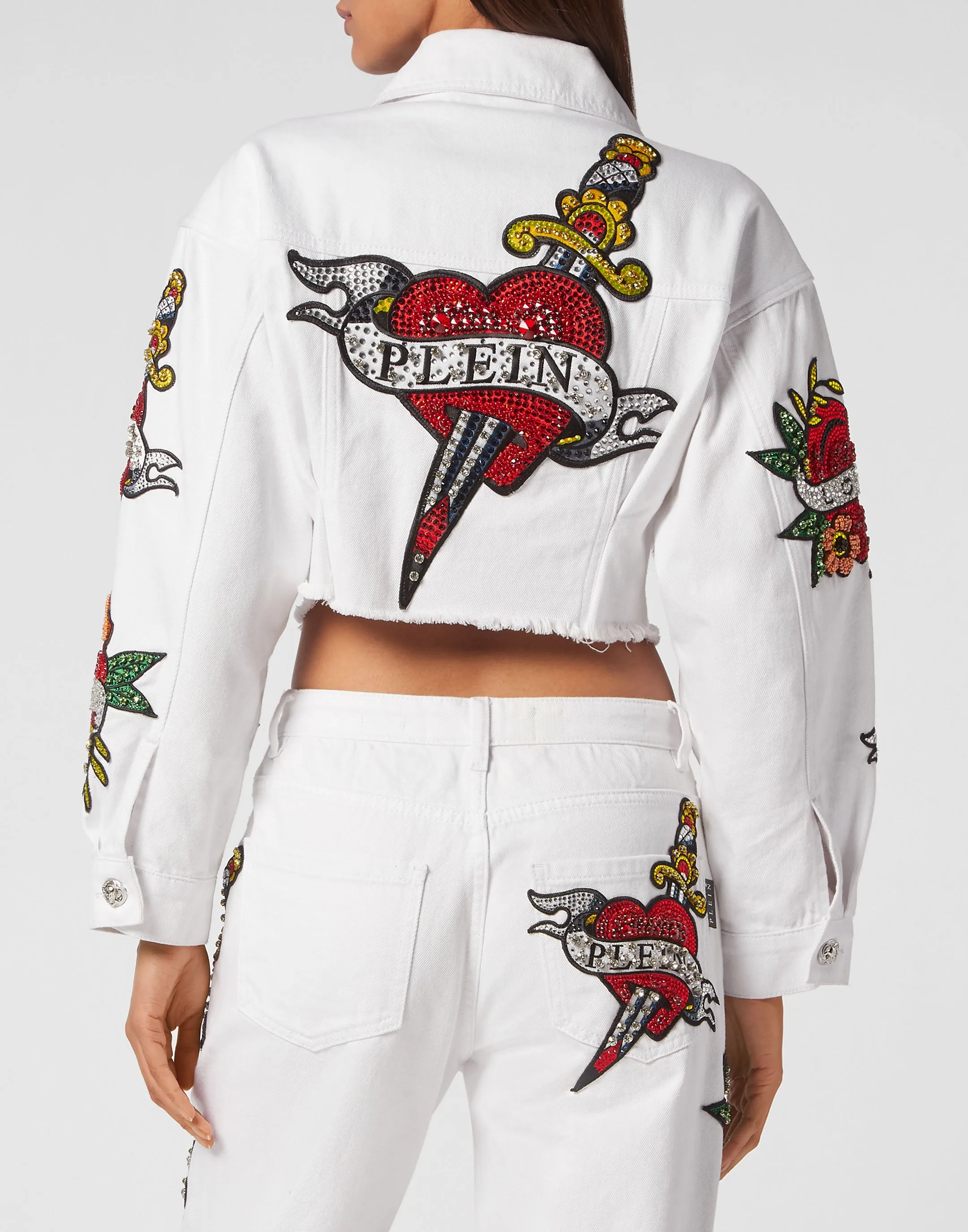 CROPPED DENIM JACKET LOVE CRYSTALS