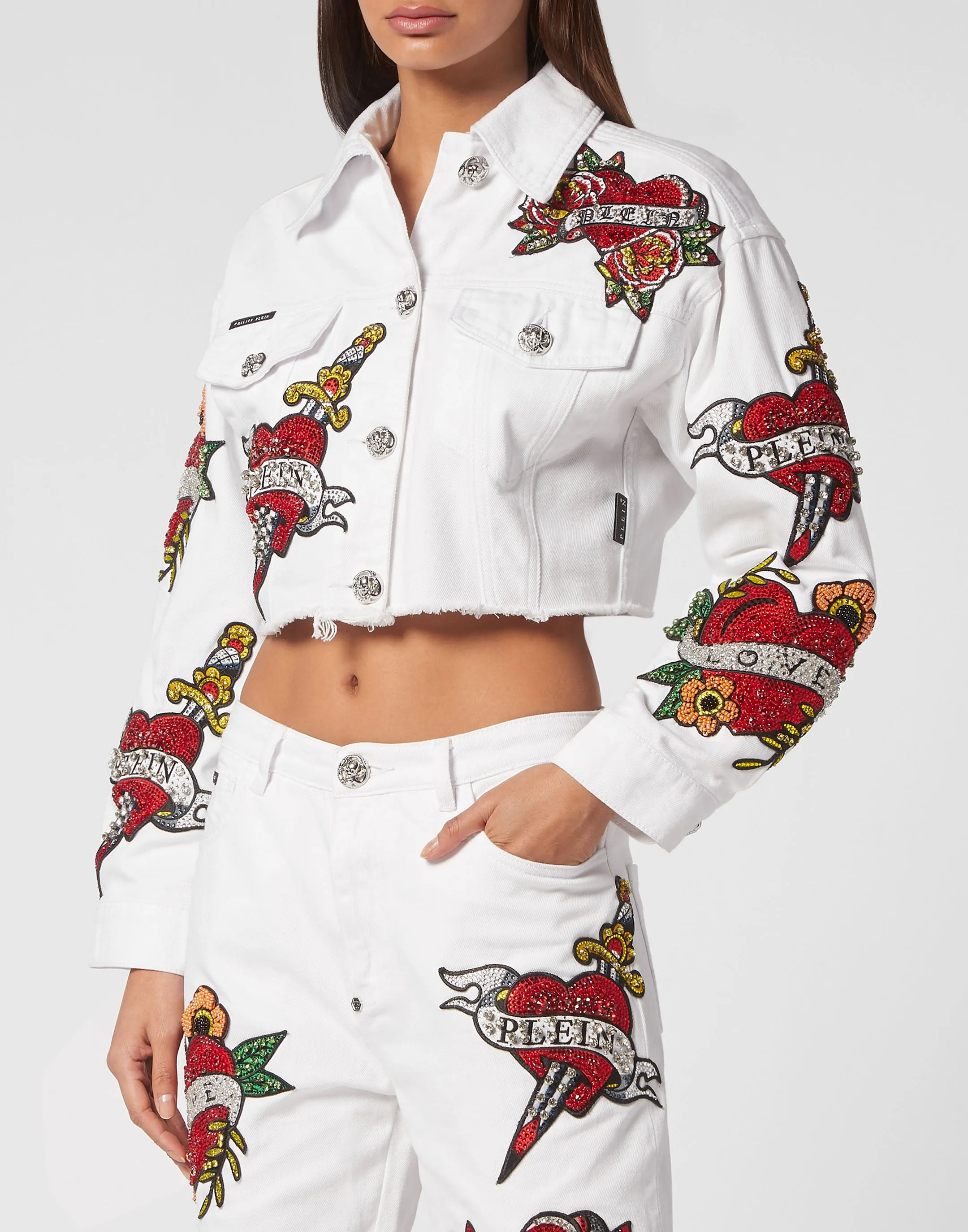 CROPPED DENIM JACKET LOVE CRYSTALS