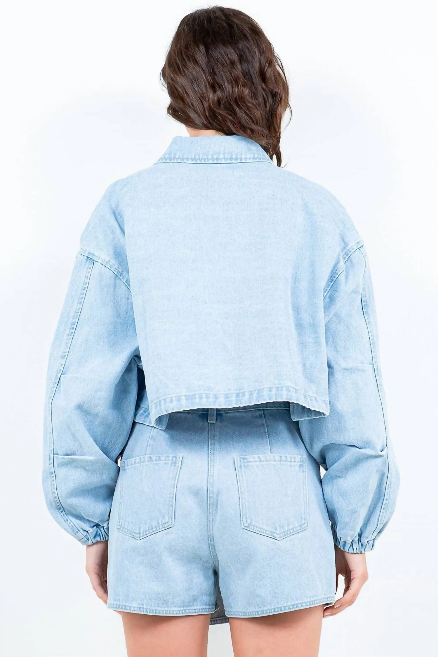 Cropped Denim Jacket With Drawstring In Light Blue