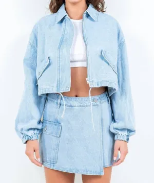 Cropped Denim Jacket With Drawstring In Light Blue
