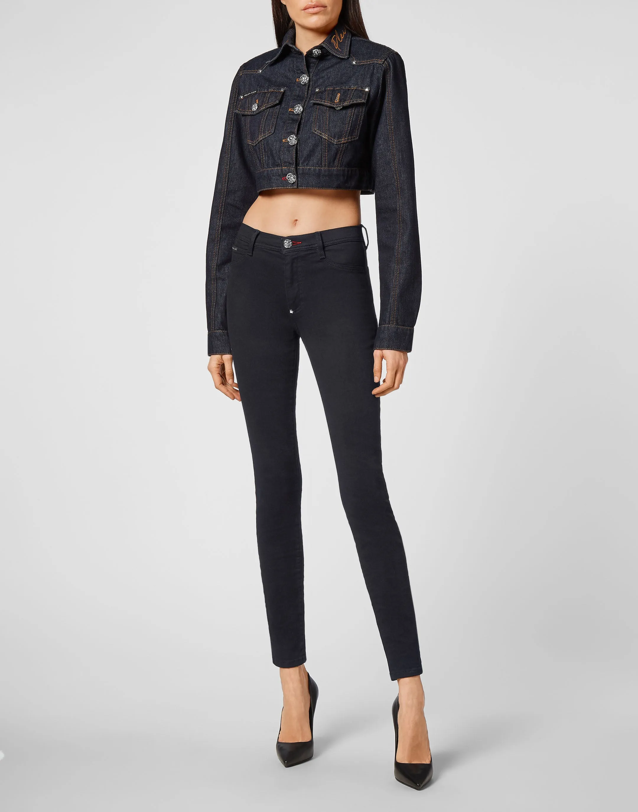 Denim Cropped Jacket Chains