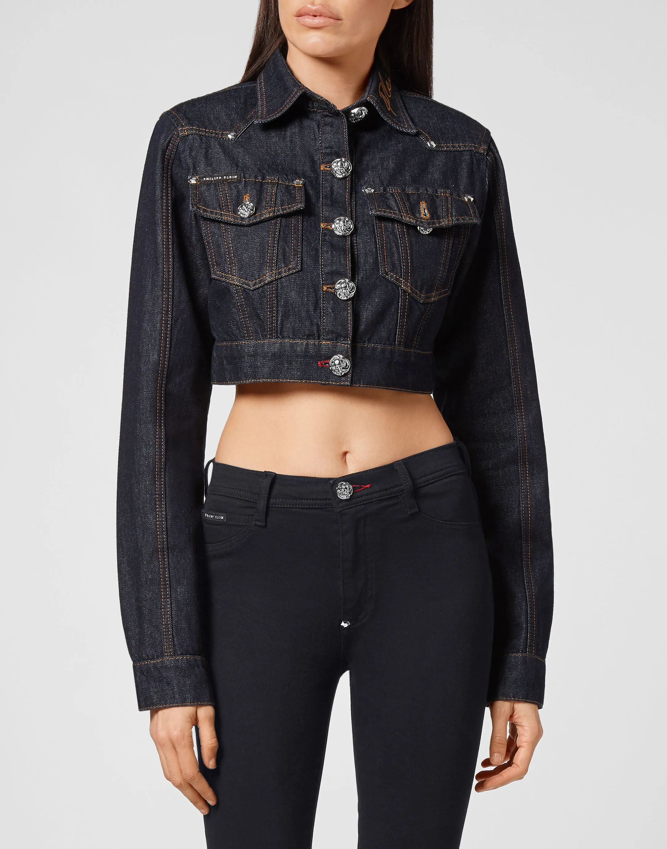 Denim Cropped Jacket Chains