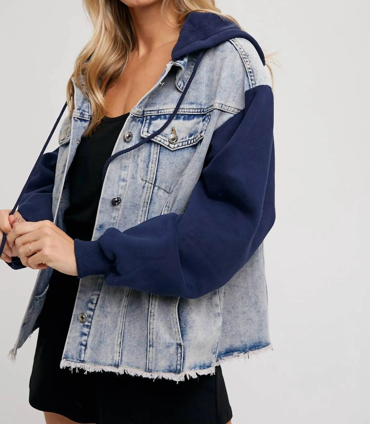 Denim Hoodie Jacket With Fleece Sleeves In Navy