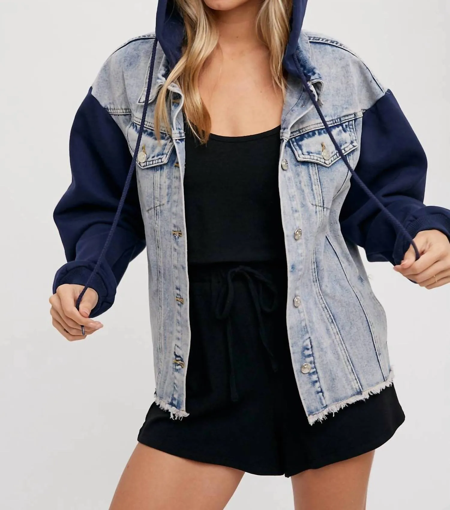 Denim Hoodie Jacket With Fleece Sleeves In Navy