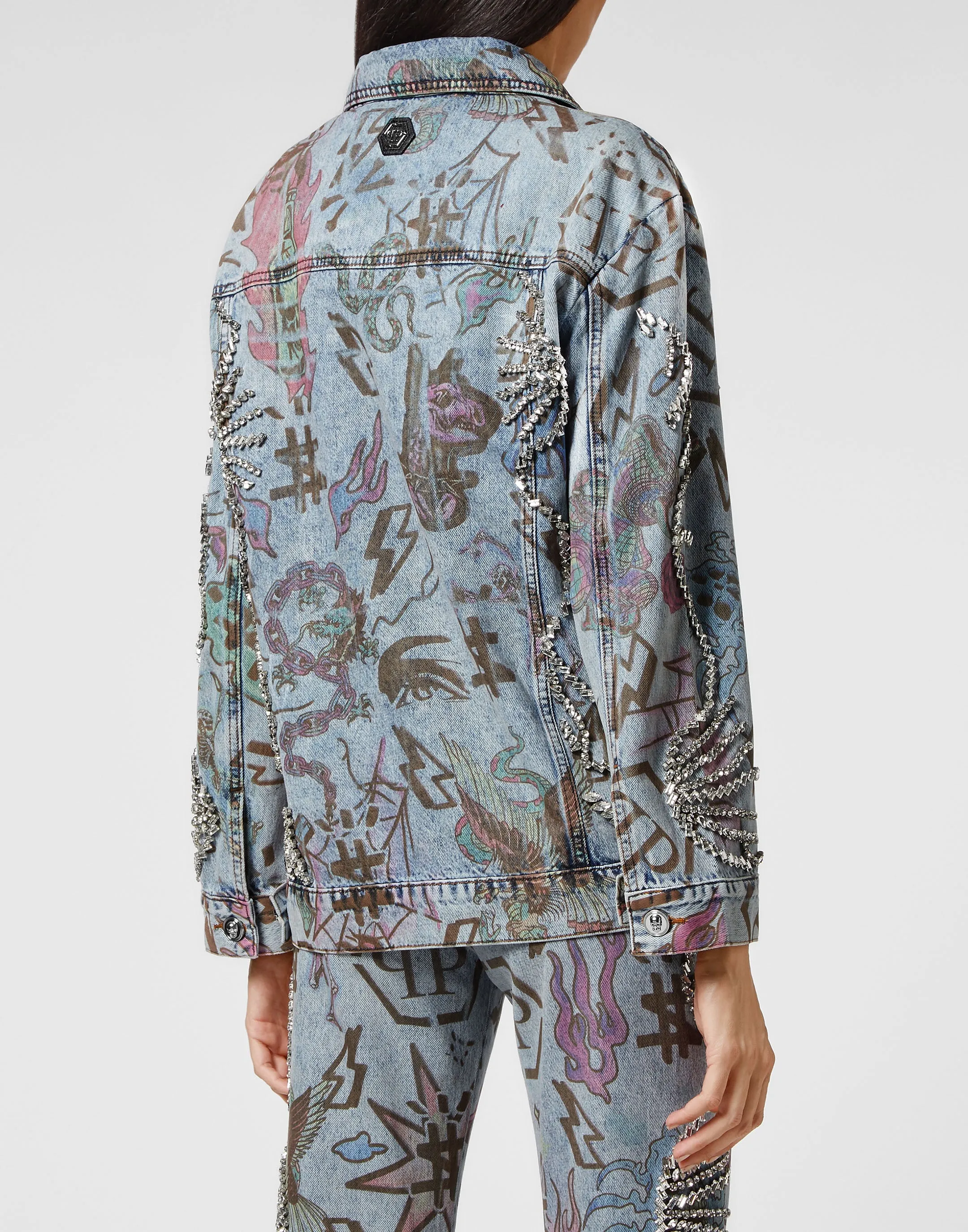 Denim Jacket Oversize Tattoo Monogram with Crystals