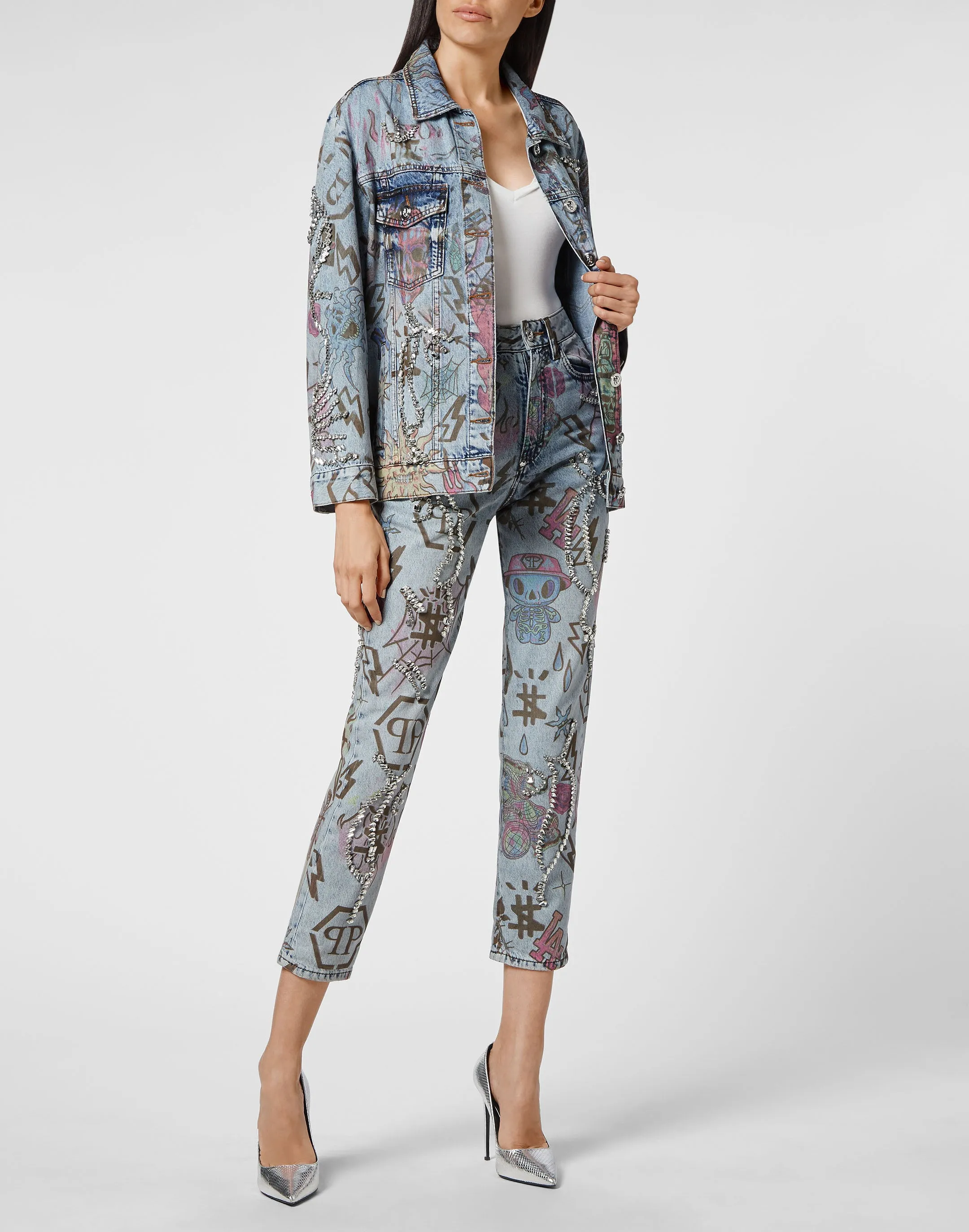 Denim Jacket Oversize Tattoo Monogram with Crystals