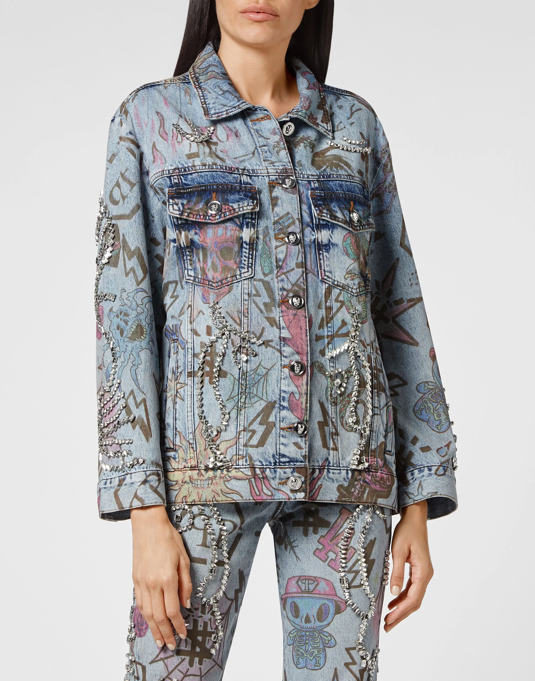 Denim Jacket Oversize Tattoo Monogram with Crystals